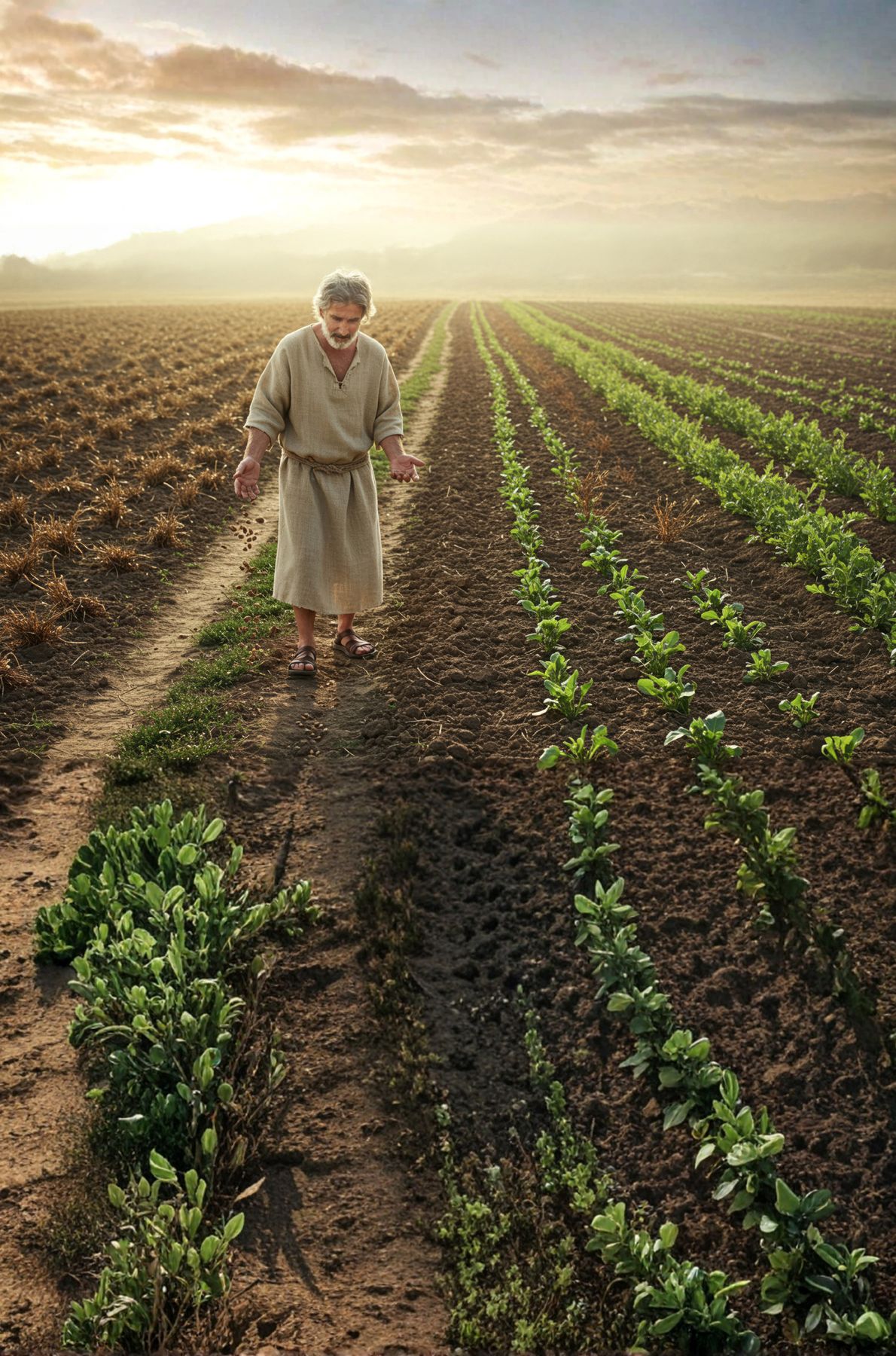 Een zaaier loopt door een akker met jonge groene planten bij zonsopgang